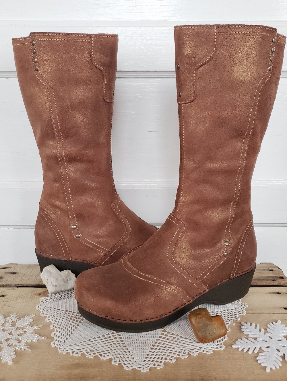 Copper Dansko Retro Boots Shimmer Suede Platform Crepe Disco Tall Boho 38 39 - Picture 15 of 15